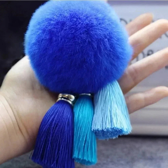 Multiple Colors Available - Fuzzy Fur Pom Pom Keychain Key with Tassels - Picture 3 of 15